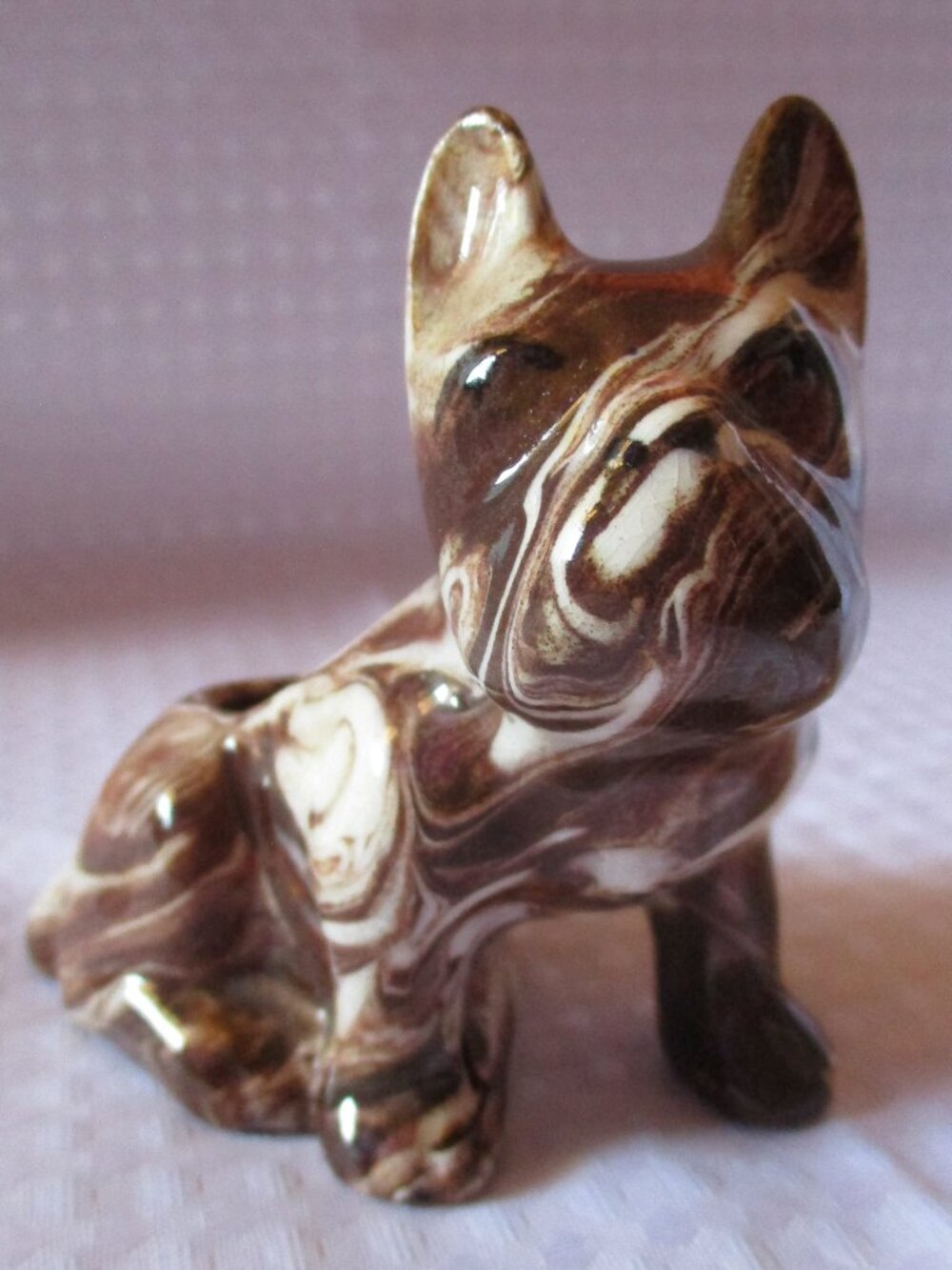Vtg Small Brown & White Marbled Swirl Pottery Bulldog Vase/Figurine 3.5" x 2"